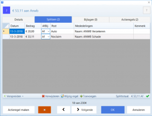 Voorbeeld van het transactie splitsen scherm