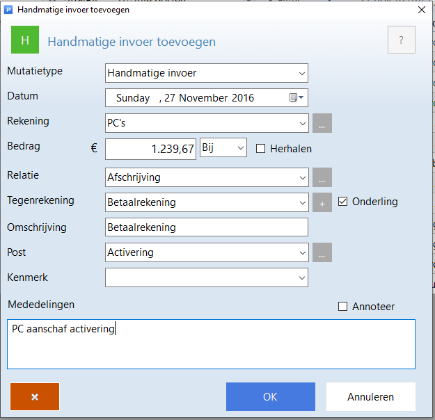 Voorbeeld activeren inventaris naar balans rekening